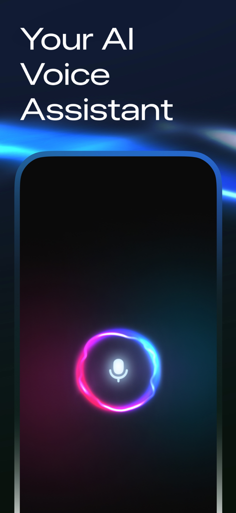 Voice AI Chat - AI Assistant - A smartphone screen showing the Voice AI Chat app with a glowing microphone icon and the header Your AI Voice Assistant