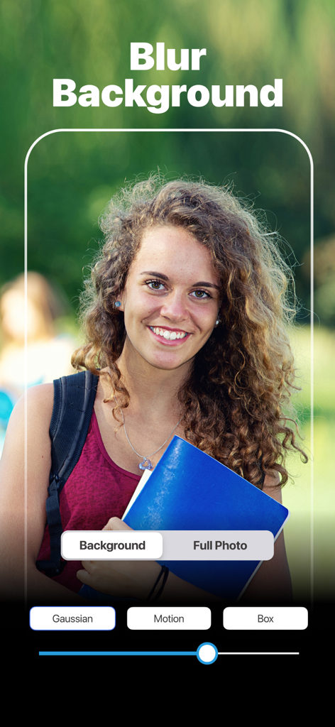 Blur Photo Effect Editor – BLR - Interface of the BLR app showing a portrait with a blurred background effect.