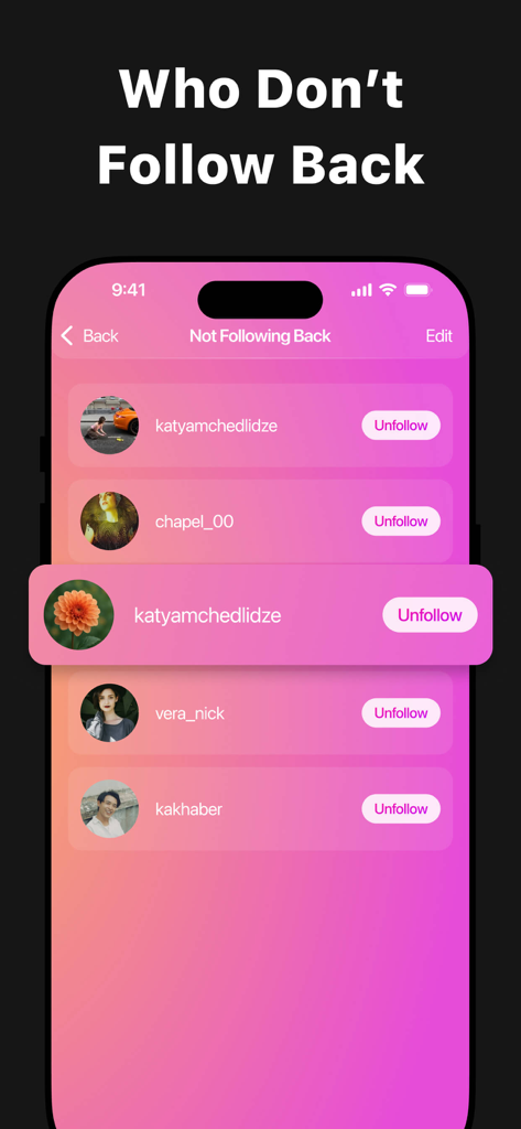 Bildschirm einer mobilen App, der eine Liste von Benutzern anzeigt, die nicht zurückfolgen, mit Optionen, ihnen zu entfolgen