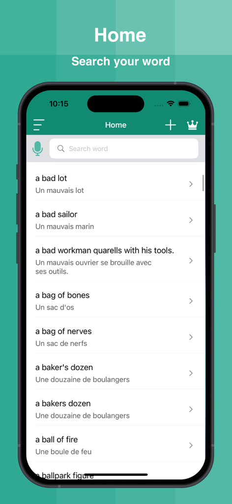 French Dictionary Offline Pre - Interface do aplicativo Dicionário Francês Offline mostrando tradução de palavras e frases de inglês para francês.