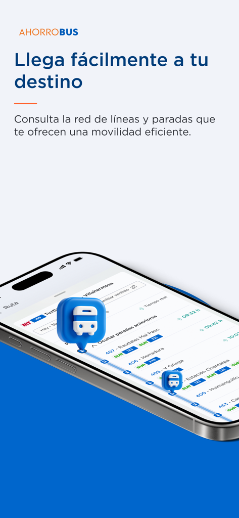 AHORROBUS - A smartphone screen showing the AHORROBUS app bus routes and stops in Mexico.