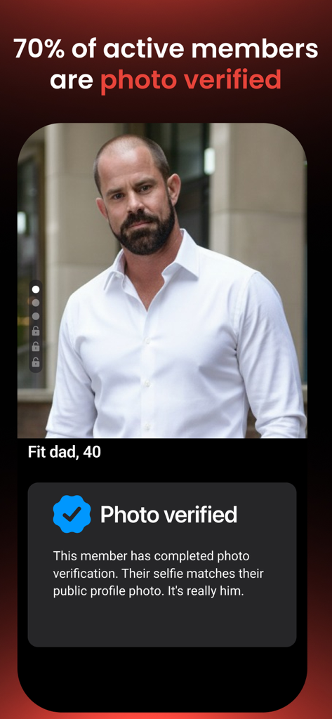 A Daddyhunt app screenshot displaying a photo verified member profile to highlight user authenticity and safety.