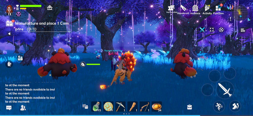 Lightus - A player character riding a mount in a mystical purple forest with glowing trees and fantasy creatures in the Lightus mobile game.