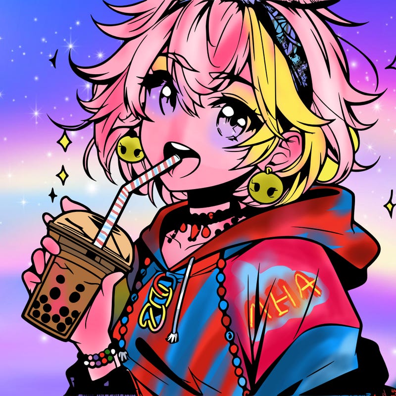 hot baddie anime girl drinking boba and biting the straw