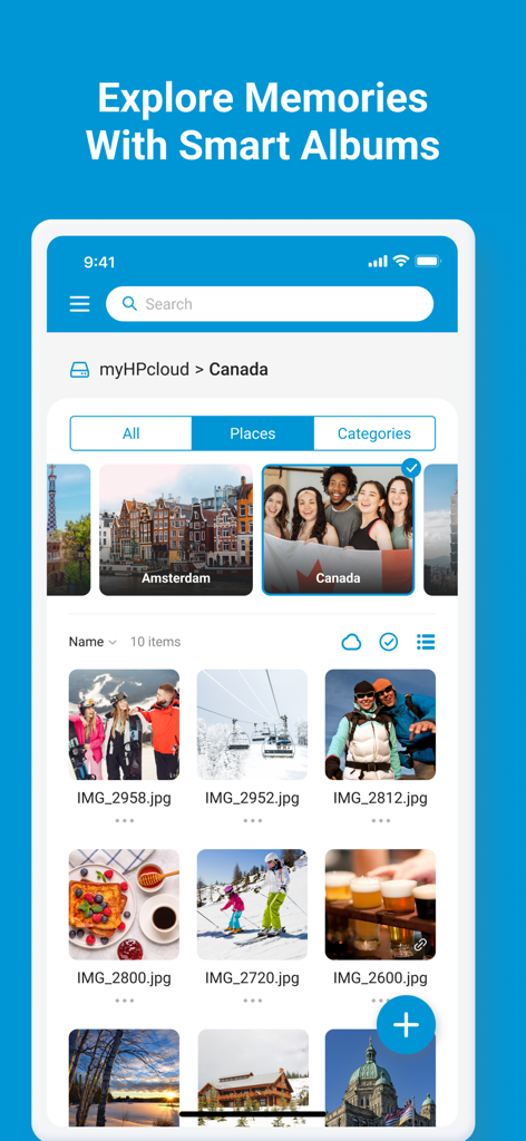 myHPcloud - myHPcloud app interface showing smart albums and photos organized by location