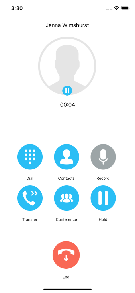 Unity-Mobile - Unity-Mobile active call screen showing business call control features including transfer conference and hold