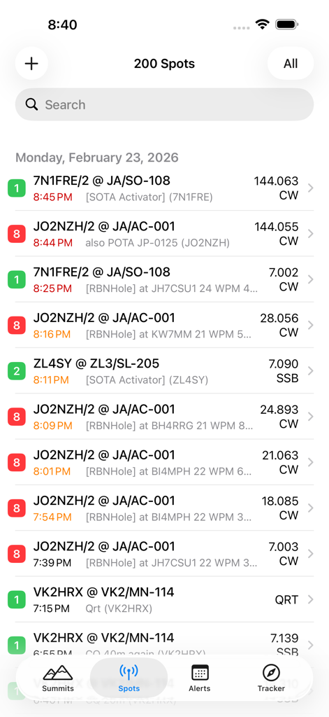 SOTA Goat - SOTA Goat app displaying a list of real-time amateur radio activation spots