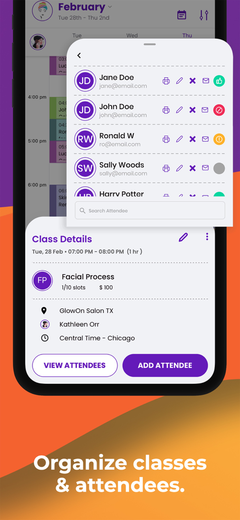 Picktime - Mobile app interface for managing business classes and attendee lists on Picktime