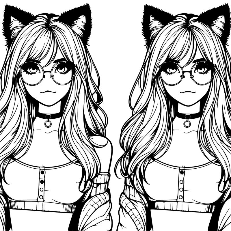 realistic girl with fluffy cat ears with round glasses and an oversized crop top