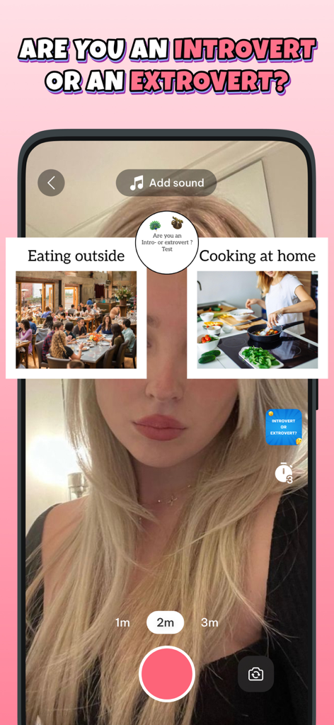 A person using the This Or That Test app filter to choose between eating outside and cooking at home for an introvert or extrovert test.