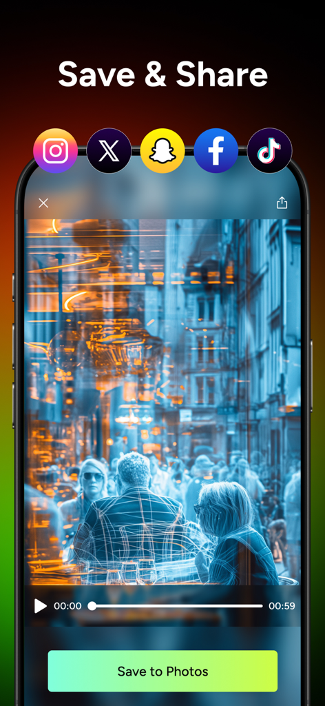 Thermal Camera Filter App interface showing the save and share screen with social media icons and a blue thermal filtered video preview of people in a city