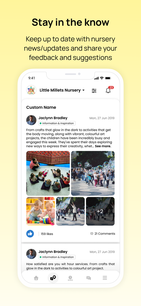 保育園で遊ぶ子供たちの写真とスタッフからの更新情報が表示されるeyparentアプリのニュースフィードを表示するモバイル画面