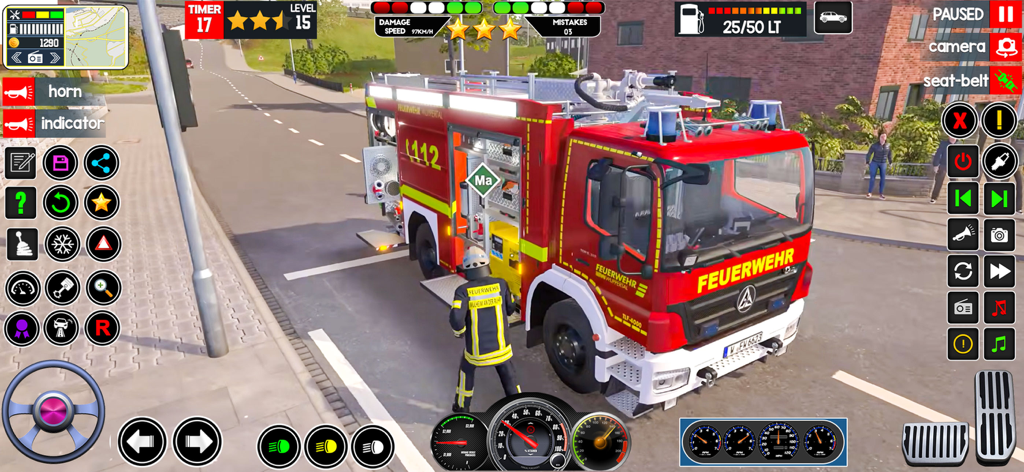 Rescue Squad Firestorm Mission - Firefighter character standing next to a red fire truck in a city rescue simulation game with driving controls