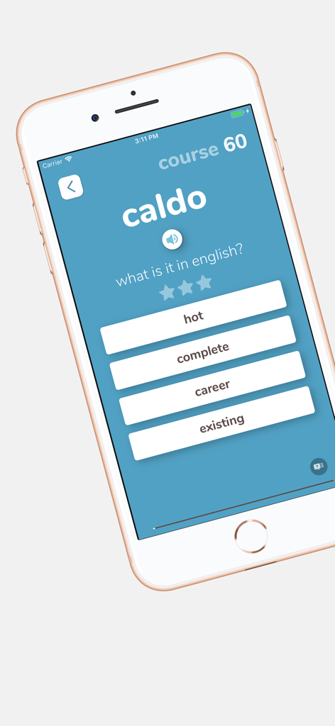 A vocabulary quiz interface in the Flashwords app asking to translate the word caldo