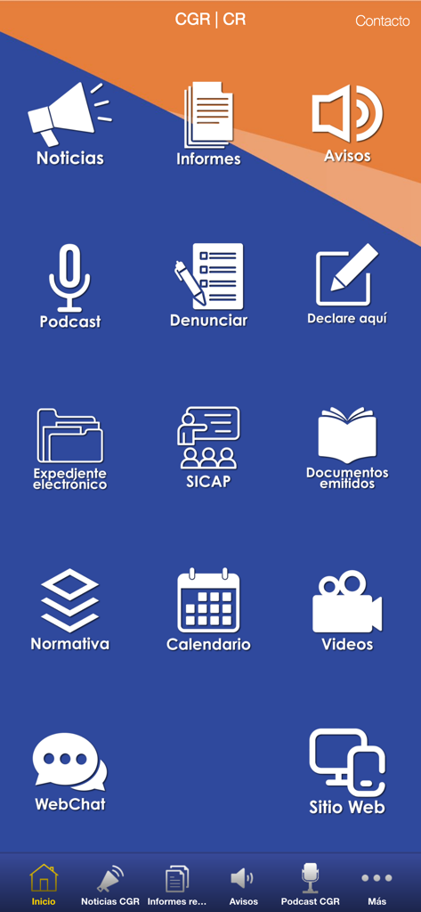 Painel principal do aplicativo móvel CGR CR com ícones para notícias, relatórios e denúncias de cidadãos