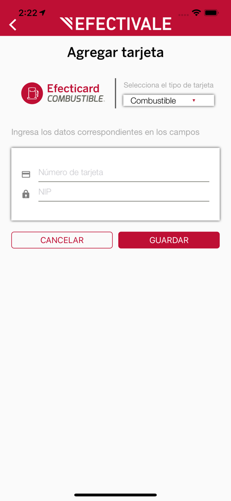 Efectivale Móvil - Pantalla para agregar una tarjeta de combustible Efecticard en la aplicación Efectivale Movil que muestra los campos de número de tarjeta y PIN