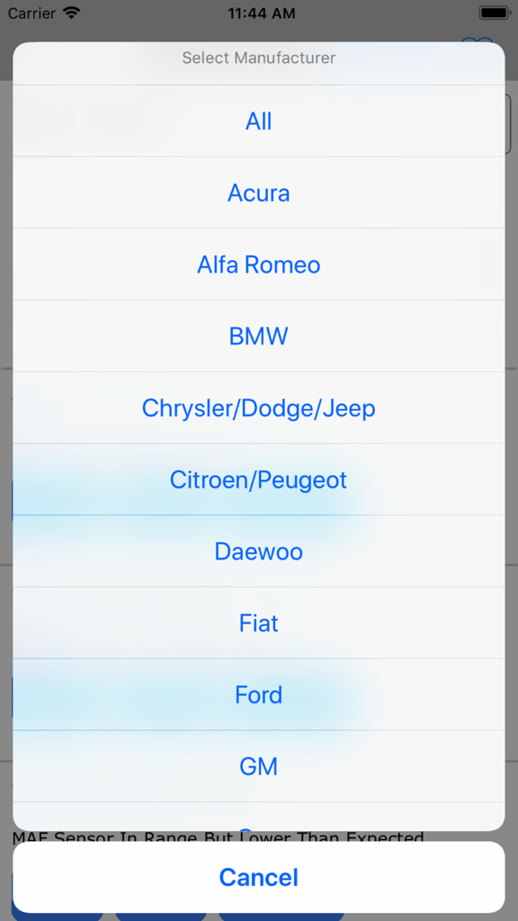 Obd2 Codes List - Screen showing a list of car manufacturers to select for specific OBD2 diagnostic trouble codes