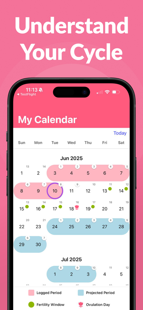 Period Tracker ` - Interfaz del calendario de ciclos de la aplicación Period Tracker que muestra un calendario mensual con períodos registrados y predicciones de ventana de fertilidad