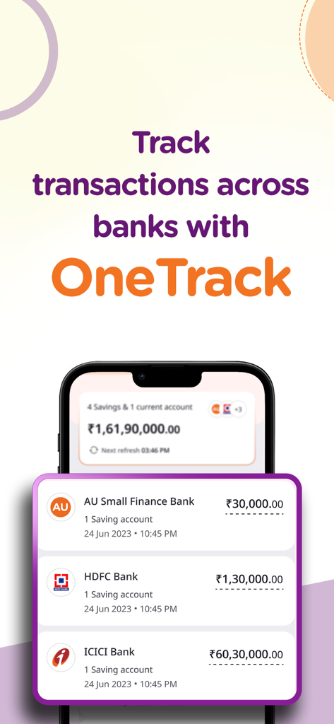 AU 0101: Banking App, UPI, FD - Una pantalla móvil que muestra la función OneTrack en la aplicación AU 0101, que rastrea saldos y transacciones en múltiples bancos como AU Bank HDFC e ICICI.