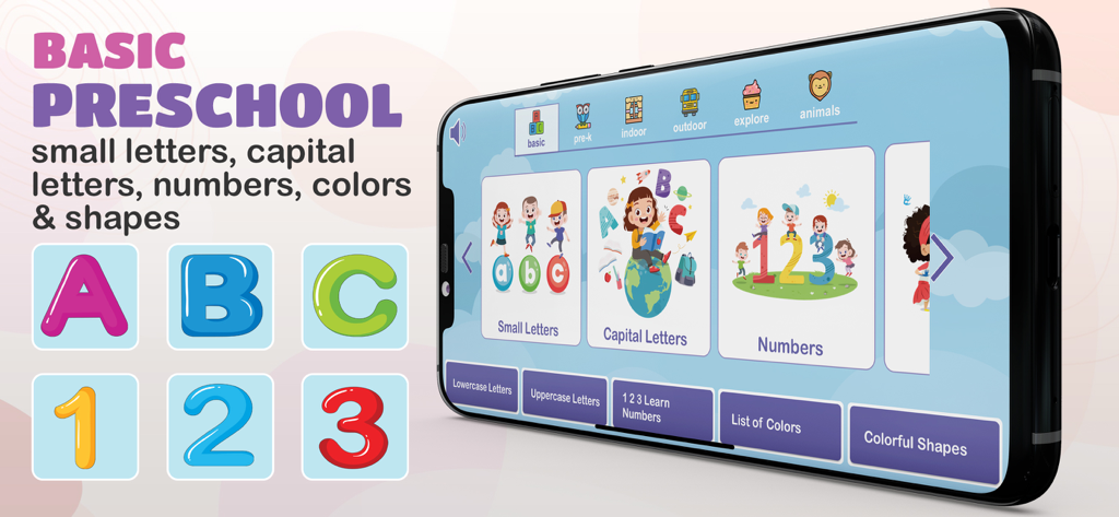 Pre-K Preschool Games for Kids - Preschool learning app interface with categories for letters and numbers