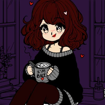 cute anime girl reading book and drinking hot chocolate from mug with loose wavy hair wearing a baggy sweatshirt and shorts sitting by windowsill looking out