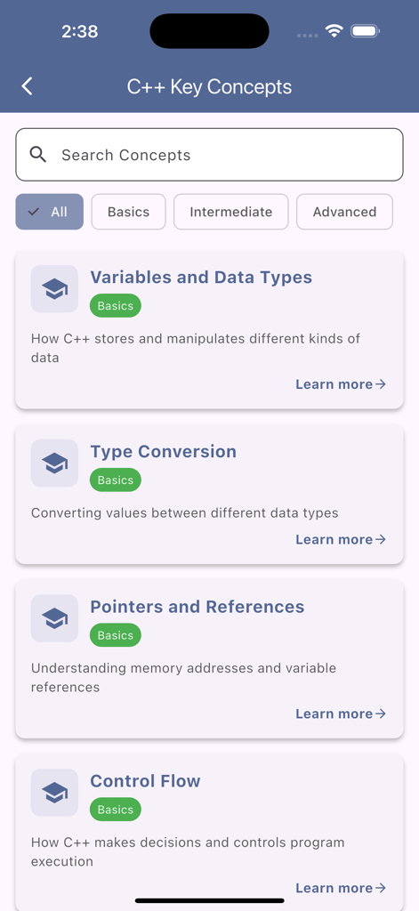 C++ Flashcards and Dictionary - C++ Programmier-App-Oberfläche mit wichtigen Lernkonzepten wie Variablen, Datentypen und Zeigern.