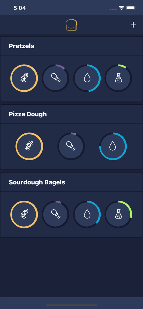 Baker Buddy - A list of baking recipes in the Baker Buddy app including pretzels and pizza dough with ingredient percentage icons.