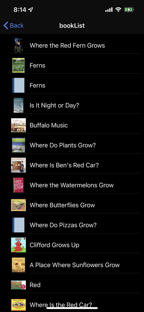 A screen showing a list of saved books with titles and cover images in the AR Book Scanner app