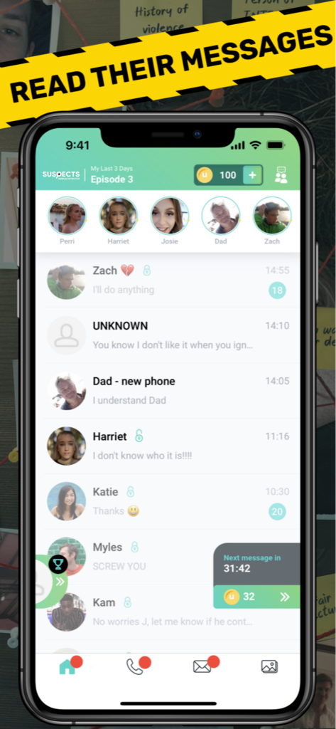 In-game smartphone screen showing a list of character chat messages and detective clues in Suspects Mobile Detective.