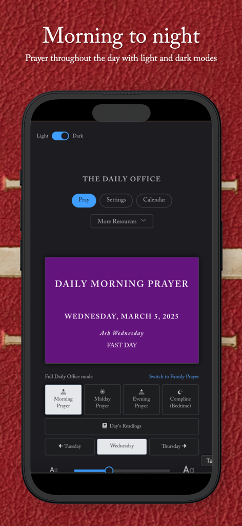 Main interface of The Daily Office app in dark mode showing options for daily morning midday evening and compline prayers