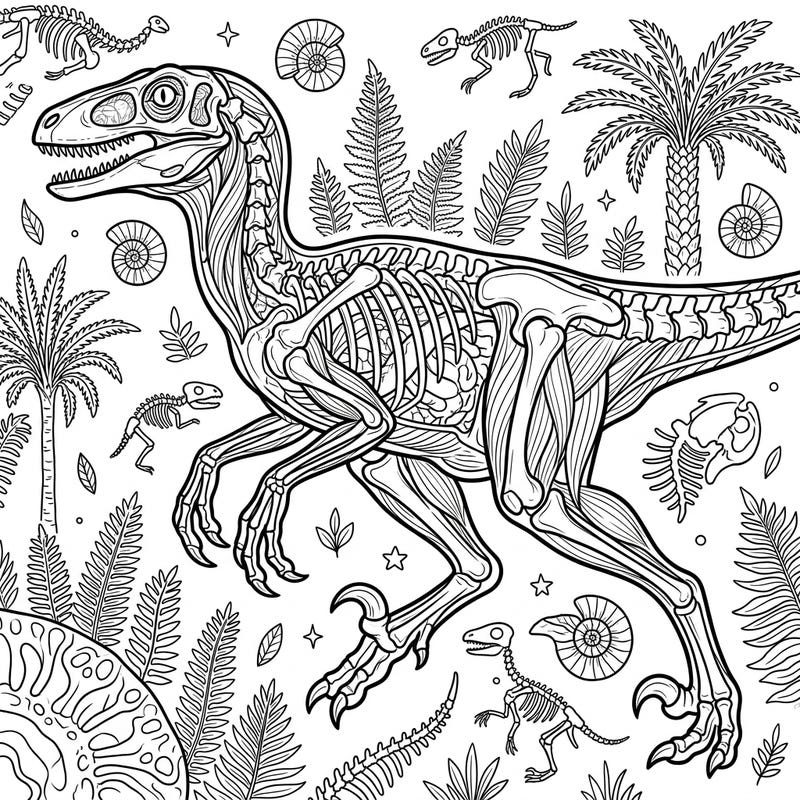 Dive into the fascinating world of paleontology with this intricate Velociraptor anatomy coloring page designed specifically for teens. Discover the skeletal and muscular structure of this iconic dinosaur as you bring it to life with your creative colors.