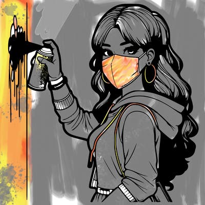 realistic girl with mask spray painting a wall