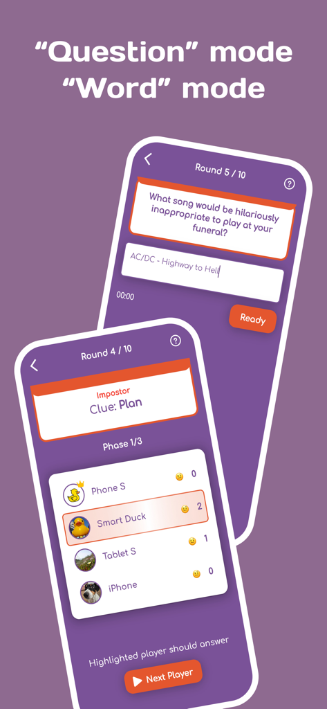 Gameplay screens of Impostor - Party Game showing the Question and Word social deduction modes.