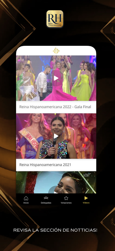 Interfaz de la app Reina Hispanoamericana que muestra una galería de los mejores momentos en video del certamen y finales de gala.