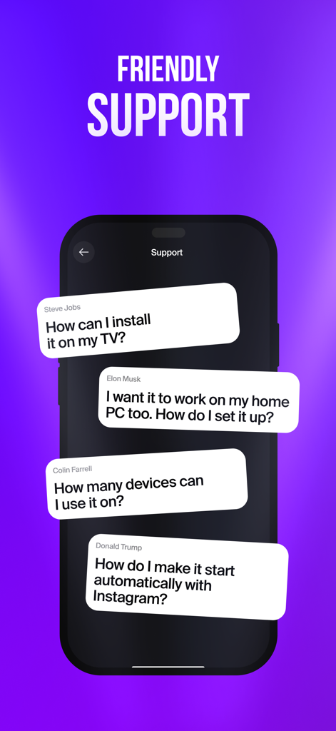 LagomVPN — VPN without ads - Friendly support screen for LagomVPN with chat bubbles on a purple background
