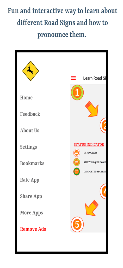 Driving Road Signs - Interface do aplicativo Driving Road Signs mostrando o menu principal e indicadores de status de progresso