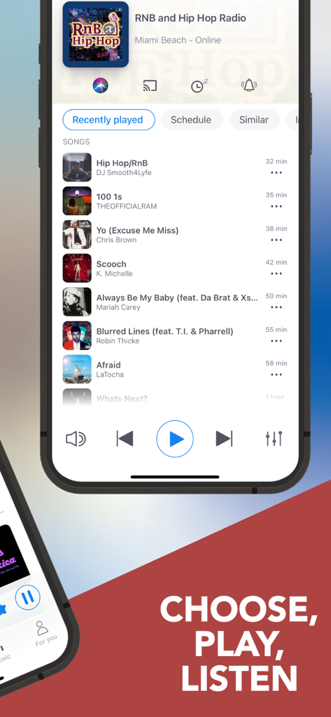 Interfaccia dell'app myTuner Radio che mostra una stazione radio live di Miami Beach con un elenco dei brani hip hop riprodotti di recente