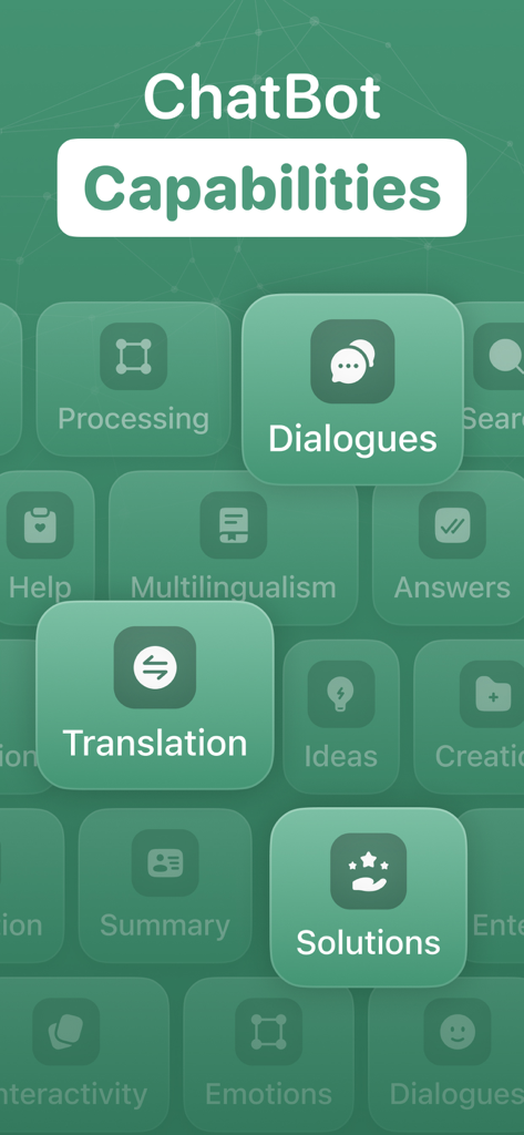 AI Chat Assistant - ChatAI Bot - A list of AI ChatBot capabilities including dialogues translation and solutions displayed as icons on a green background