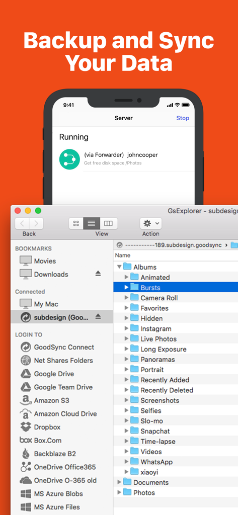 GoodSync - GoodSync app interface displaying data backup and synchronization between a mobile server and a desktop file explorer