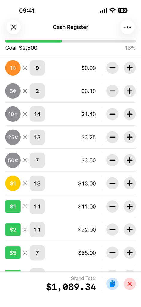 Cash Counter: Count Money - Interfaz de aplicación móvil mostrando el conteo de una caja registradora con denominaciones de billetes y monedas USD y un total general de más de mil dólares