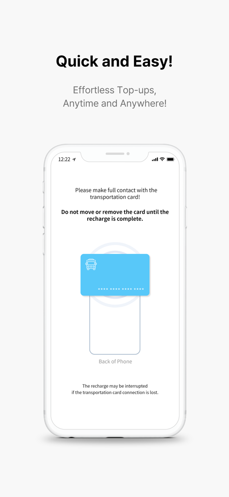 Um iPhone mostrando o processo de recarga de um cartão de transporte coreano segurando-o contra a parte traseira do dispositivo usando a tecnologia NFC.