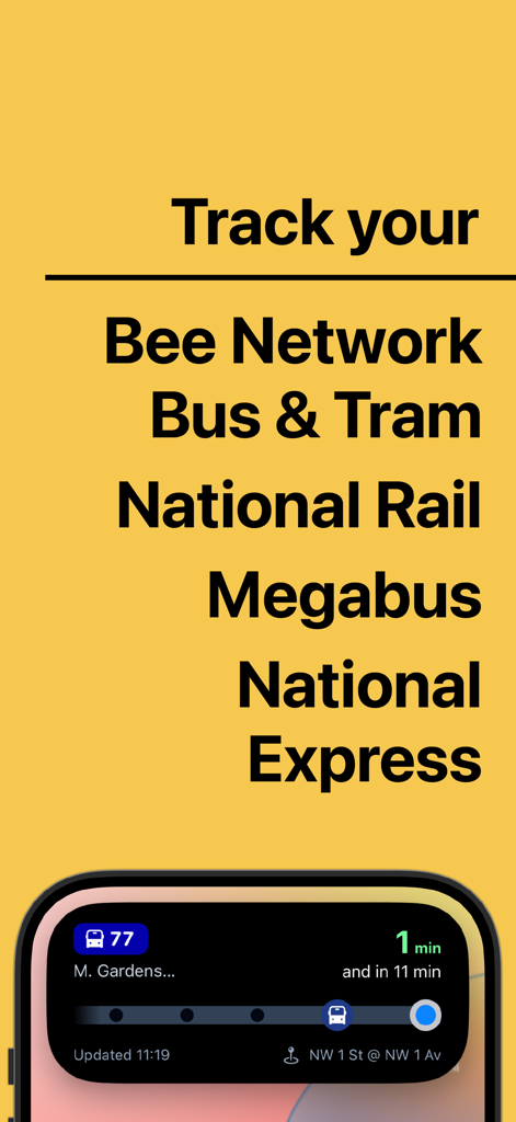 Manchester Bus & Tram - Application de transport public de Manchester montrant le suivi en direct des services de bus, tram et train Bee Network
