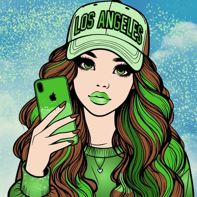 realistic beautiful girl wearing los ángeles cap holding an iphone