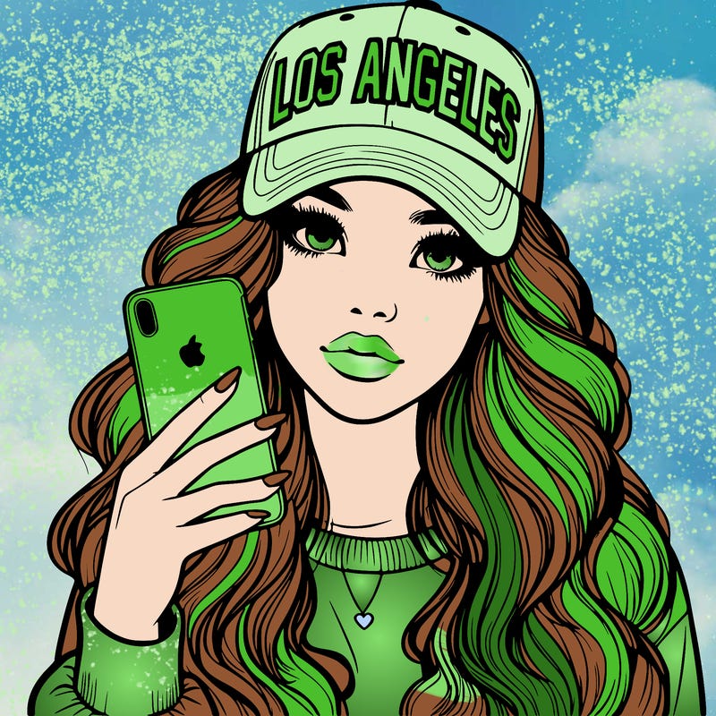 realistic beautiful girl wearing los ángeles cap holding an iphone