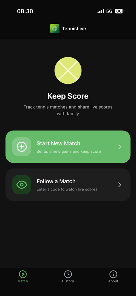TennisLiveScore - TennisLiveScore app home screen showing options to start a new match or follow an existing match.