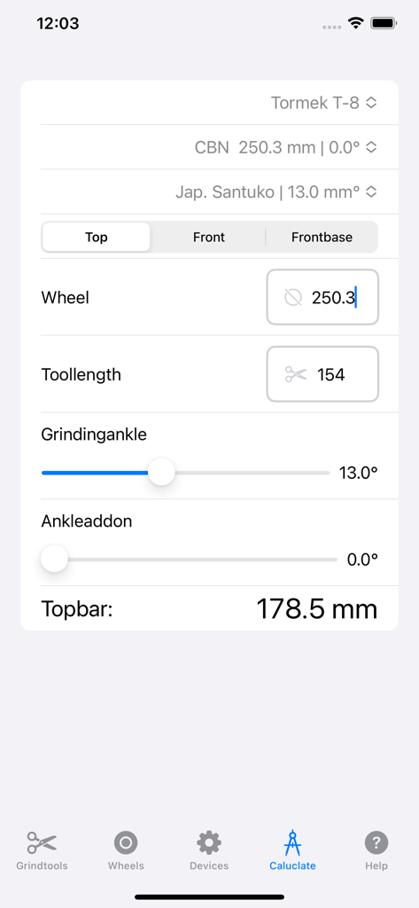 Grindcalculator - Grindcalculator App-Oberfläche, die Werkzeugschärfeeinstellungen für eine Tormek T8-Maschine anzeigt