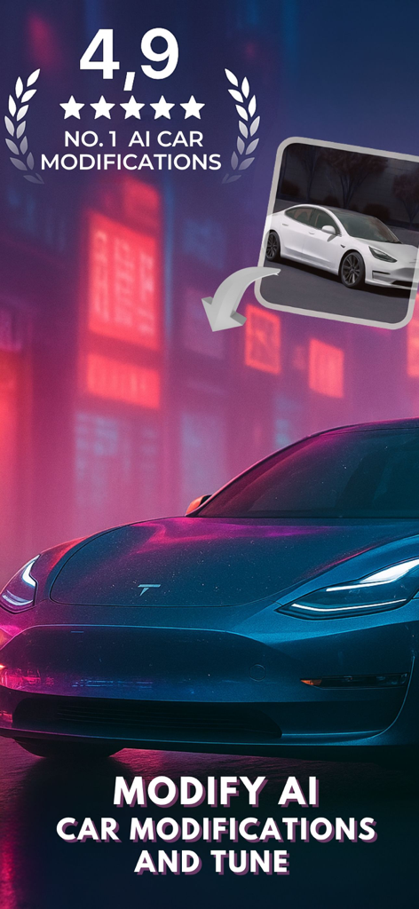 Modify Ai Car Designer & Tune - AI car modification app interface showing a white Tesla being transformed into a custom blue car with neon lighting