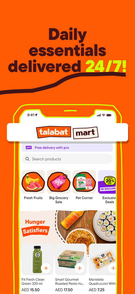 talabat: Food, grocery & more - Talabat Mart app interface showing grocery categories like fresh fruits and pet supplies with daily essentials