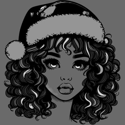 realistic girl with a santa hat curly hair and lips