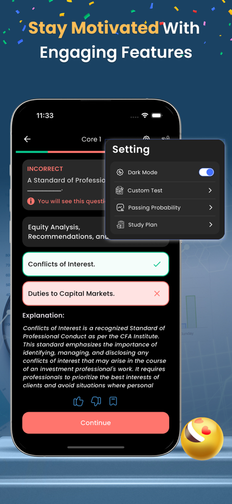 CFA Level 1 Exam Prep 2026 - Interface of the CFA Level 1 Exam Prep app showing a practice question with explanation and a settings menu
